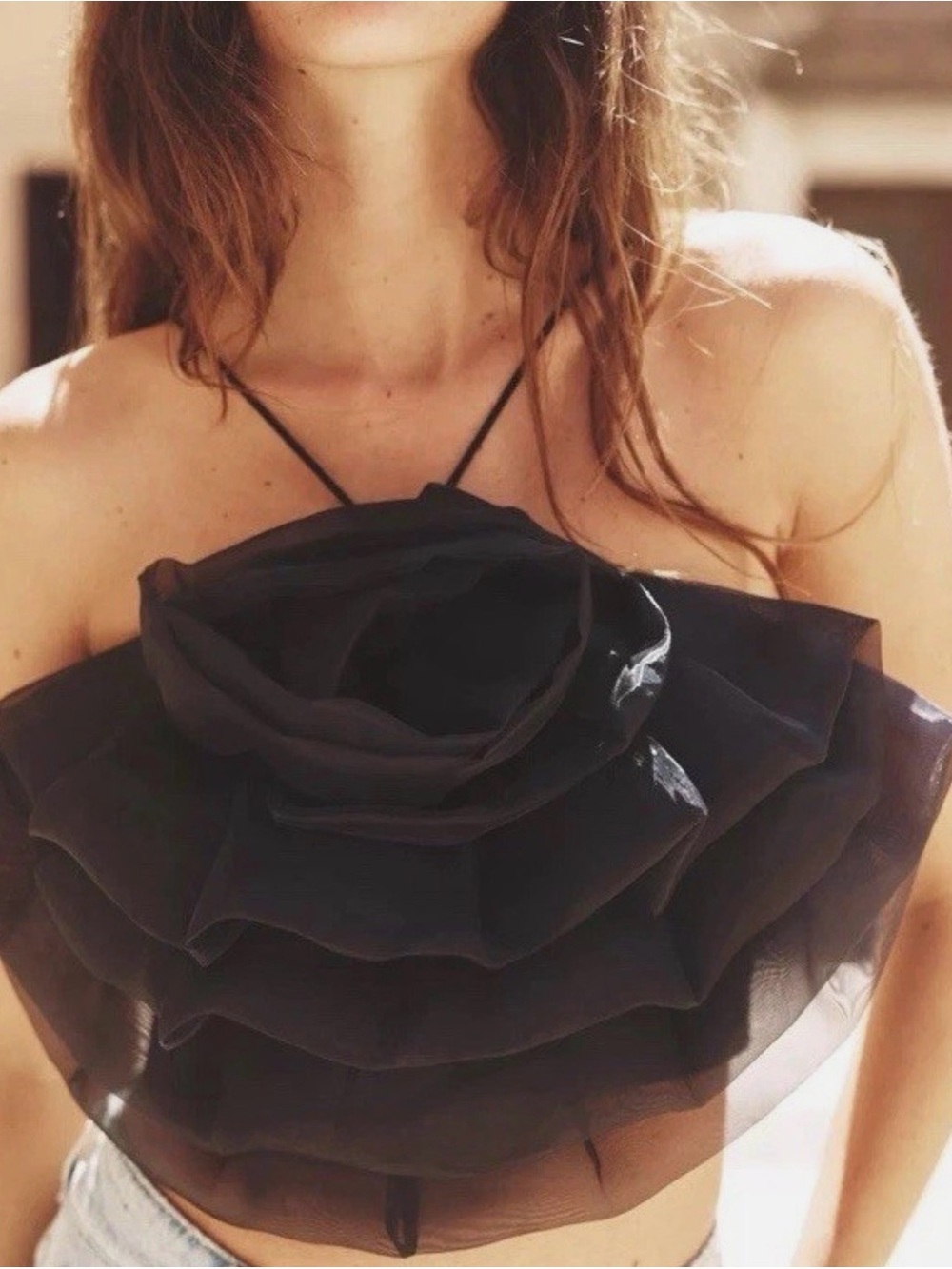 Zara Black Layered Organza Ruffle crop top
